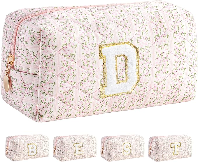 HBselect Initial Makeup Bag for Women, Pink Cosmetic Travel Toiletry Bag, Flowers Zipper Make Up Pouch Organizer Teen Girl Gifts Trendy Stuff D