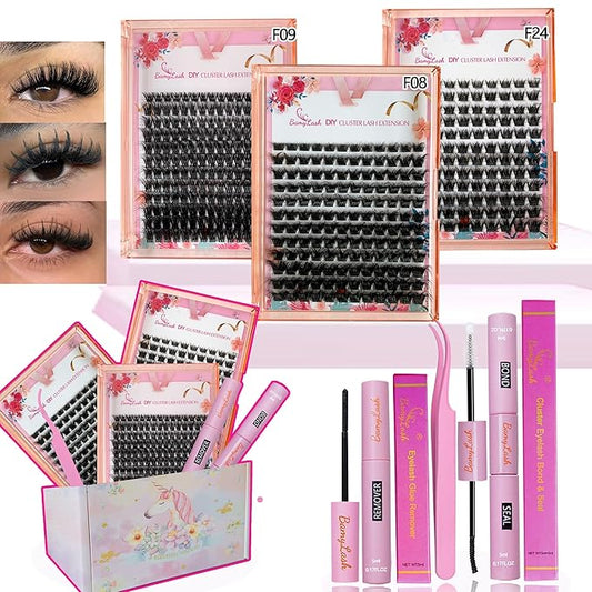 BamyLash DIY Cluster Lash Extension Kit, Professional Volume Eyelash Set, Black (F08+F09+F24 Lash Set)