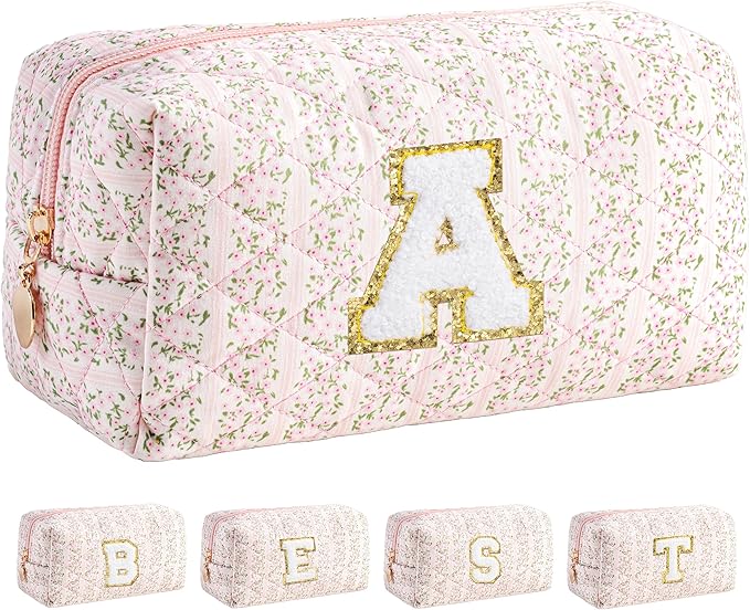 HBselect Initial Makeup Bag for Women, Pink Cosmetic Travel Toiletry Bag, Flowers Zipper Make Up Pouch Organizer Teen Girl Gifts Trendy Stuff A