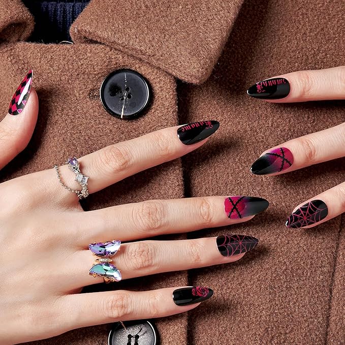 GLAMERMAID Halloween Red Press on Nails Medium Almond, Dark Glossy Jelly Soft Gel Glue on Nails Stiletto, Emo Fake Nails Short Oval, Reusable Acrylic Stick on False Nails Kit for Women