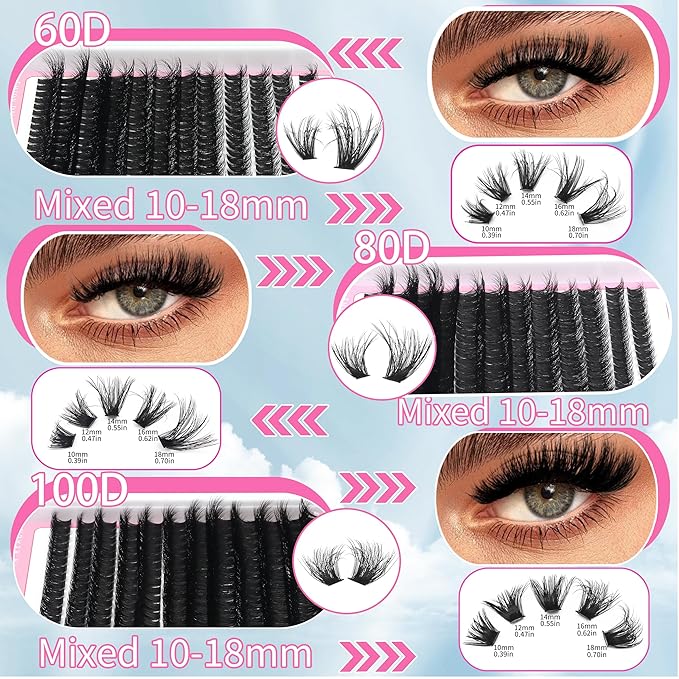YIDUO Volume Lashes Cluster Kit 60D+80D+100D Clusters Lash Eyelashes Kit 696Pcs Bulk Packs, D Curl Wispy 10-18mm DIY Individual Eyelash Extensions Wholesale Combo Pack with Glue|Tweezers|Removers