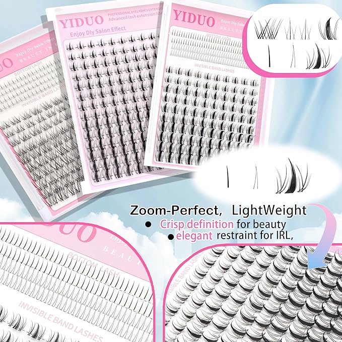 YIDUO Fairy Manga lashes Clusters with Bottom Lashes Clusters Kit Gift Packs 604Pcs 5-16mm Soft Extension False Eyelash D Curl Wispy Natural Wet-Look Lashes Extensions Combo Pack with Glue Removers