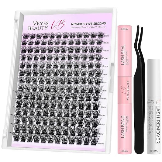 VEYESBEAUTY Siren Cluster Lashes Kit Individual Lash Extensions Newbie's Five-Second DIY Dramatic Volume Eyelash Wispy Faux Mink Lash Mixed Length Tray with Bond & Seal, Applicator at Home