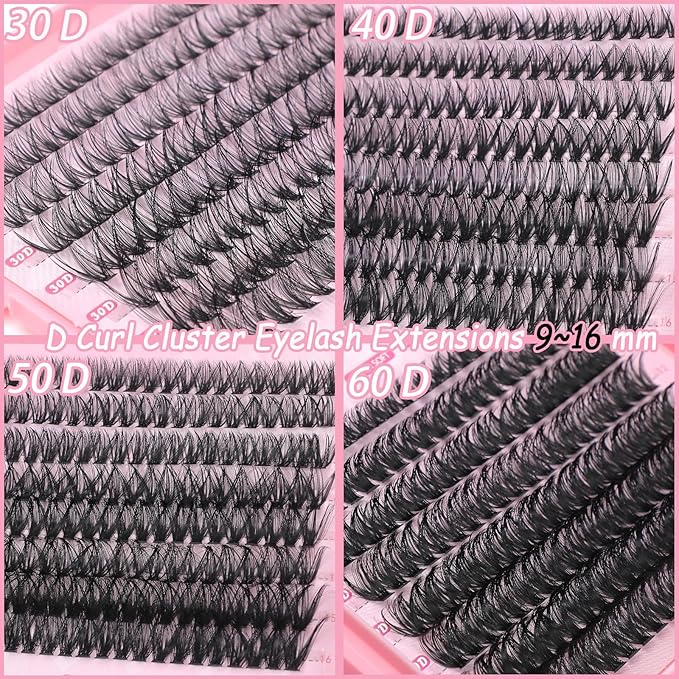 Lash Clusters Kit, 640 Pcs Eyelashes Clusters Extensions Kit 9-16mm Individual Lashes D Curl Fluffy Wispy False Eyelashes Thin Band with Bond Seal Tweezers Brush DIY (30D+40D+50D+60D Kit 9-16mm)