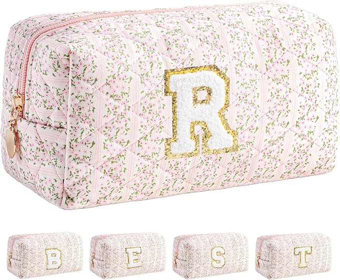 HBselect Initial Makeup Bag for Women, Pink Cosmetic Travel Toiletry Bag, Flowers Zipper Make Up Pouch Organizer Teen Girl Gifts Trendy Stuff R