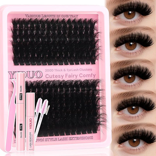 YIDUO Lashes Clusters Kit 200D Volume EyeLash Clusters 12-22MM D Curl Wispy Lashes Extensions Kit 180pcs Thick Individual False eyelashe Extension with Bond and Seal |Tweezers |Removers |Eyelash Brush
