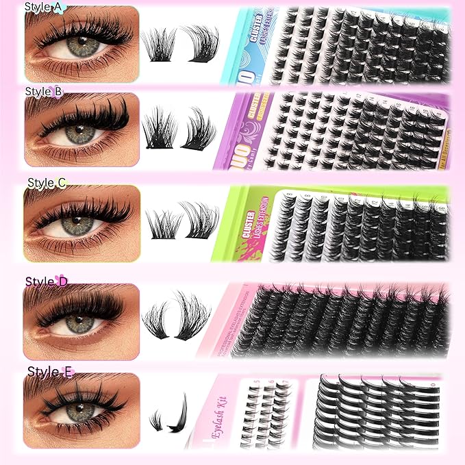 YIDUO Lash Clusters Kit 6 Styles Bulk Packs Eyelash Extensions Volume/Manga/ultra/Dramatic with pikes Bottom Lashes Clusters Kit 5-20mm Wispy D Curl Individual Fake Eyelashes Kit DIY at Home Easily
