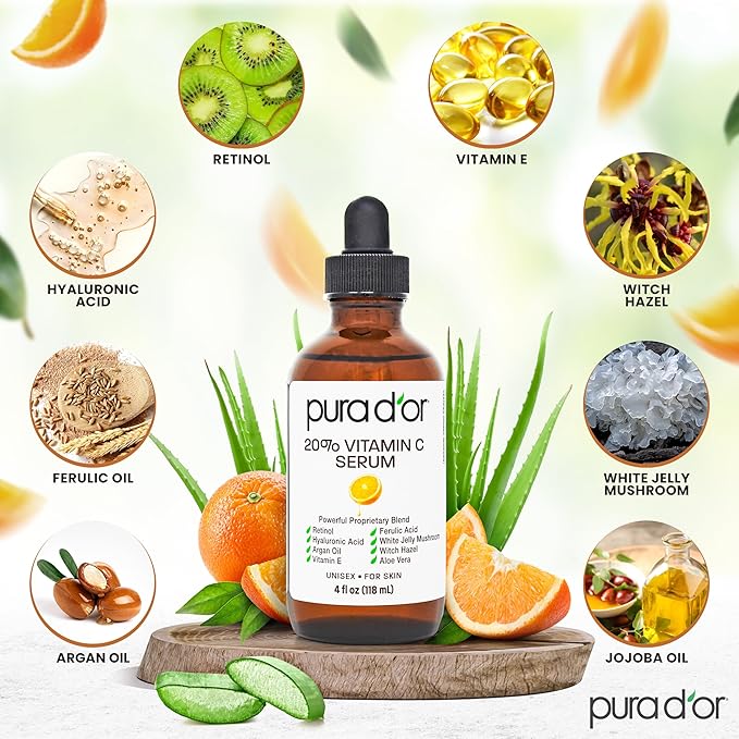 PURA D'OR 20% Vitamin C Facial Serum 4 Oz - Antioxidant Blend with Retinol, Hyaluronic Acid, Vitamin E & Ferulic Acid - Hydrating Lightweight Skincare Formula - Men and Women Daily Use Skin Care Plus