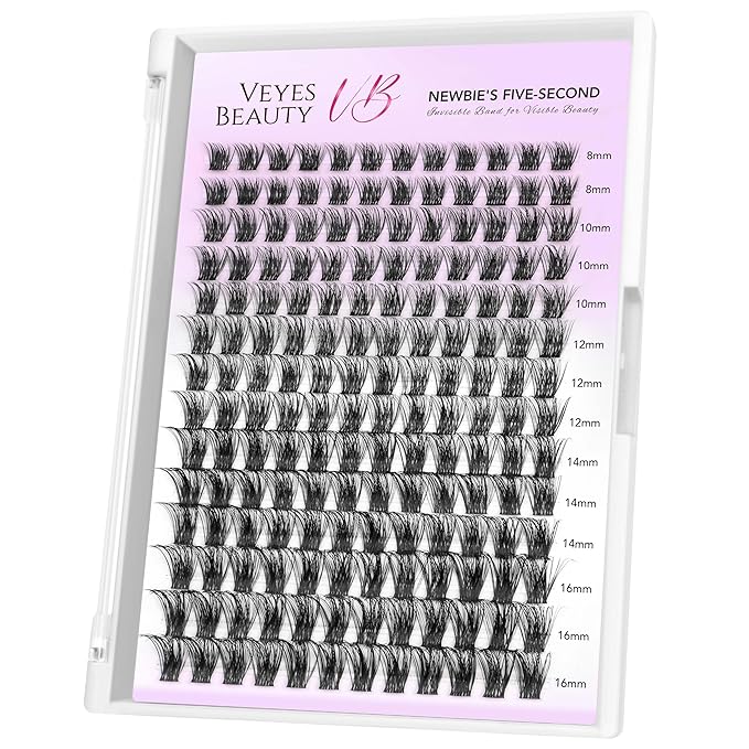 VEYESBEAUTY Lash Clusters Individual Eyelash Extensions Thin & Invisible Band DIY False Eyelashes for Self-application Newbie's Five-Second Series Wispy Lash Tray, Bomb 8-16mm Mixed Length