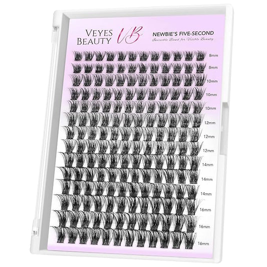 VEYESBEAUTY Lash Clusters Individual Eyelash Extensions Thin & Invisible Band DIY False Eyelashes for Self-application Newbie's Five-Second Series Wispy Lash Tray, Bomb 8-16mm Mixed Length
