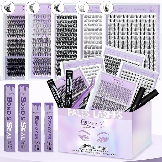 QUAFFLY Lash Clusters Kit Multiple Styles Mixed Length Eyelash Set Includes 2 Lash Bond and Seal & 2 Lash Remover 1 Tweezers For DIY Lash Extensions Kit At Home