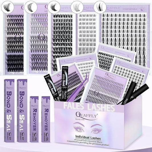 QUAFFLY Lash Clusters Kit Multiple Styles Mixed Length Eyelash Set Includes 2 Lash Bond and Seal & 2 Lash Remover 1 Tweezers For DIY Lash Extensions Kit At Home