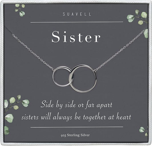 Suavell Sister Necklace - Sterling Silver Interlocking Double Circle Necklace - Birthday Gift for Sister - Maid of Honor Gift