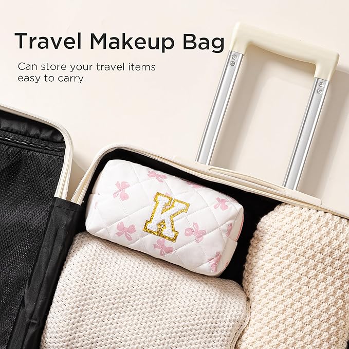 HBselect Initial Makeup Bag for Women, Pink Cosmetic Travel Toiletry Bag, Flowers Zipper Make Up Pouch Organizer Teen Girl Gifts Trendy Stuff J