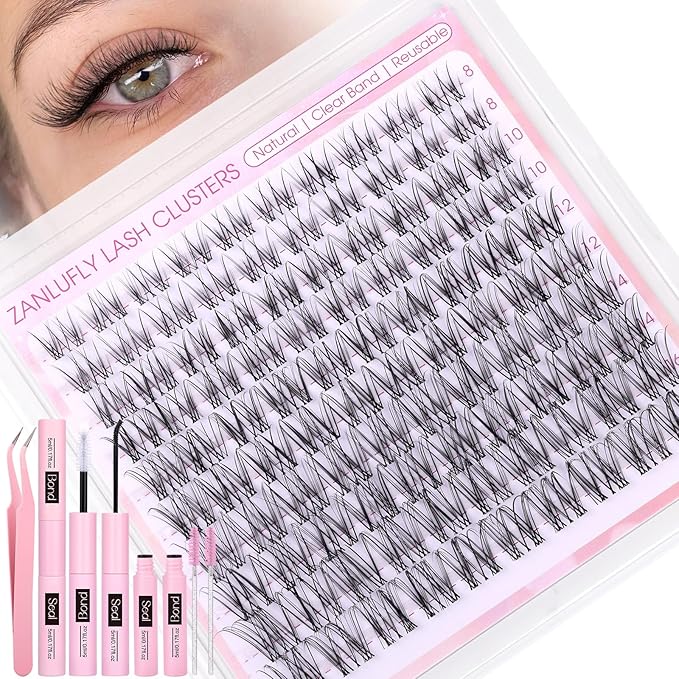 Natural Lash Clusters Kit Wispy Lash Extension Kit Invisible Band Eyelash Clusters C Curly 8-16MM DIY Cluster Eyelash Extensions with Lash Bond and Seal Tweezers Brushes by ZANLUFLY