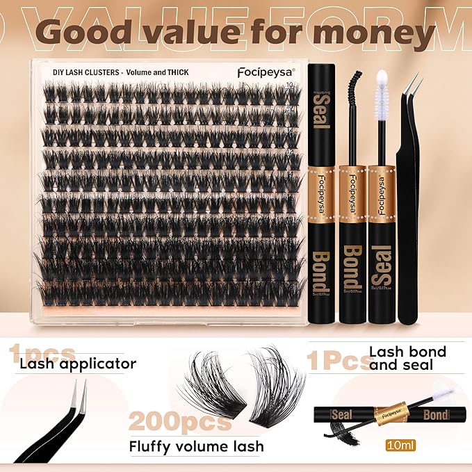 Focipeysa Full Volume Lash Extension Kit 200Pcs Lash Clusters Kit with Lash Bond and Seal and Lash Tweezers Lash Clusters DIY Eyelash Extensions Kit at Home (150D 10-18mm D Curly)
