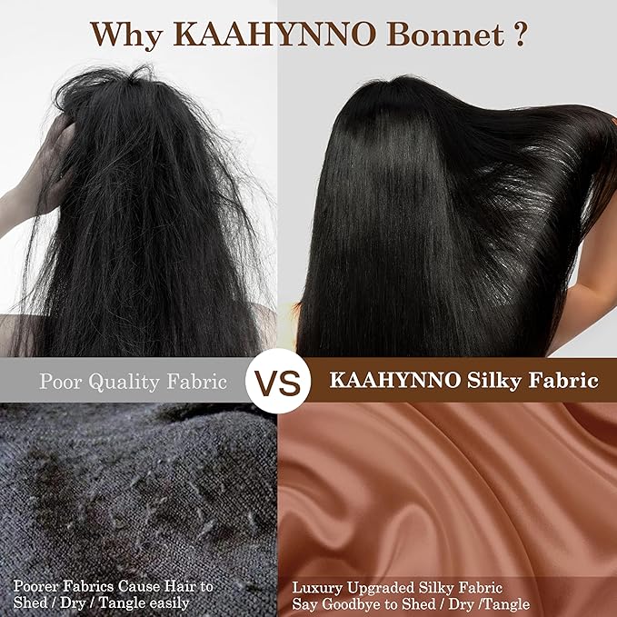 Silk Satin Bonnet for Sleeping Hair: Women Sleep Night Wrap Cap for Straight Wavy Curly Coily Kinky Natural Hair Head by Tie Band - Coffee + Gold