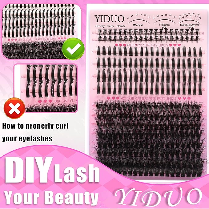 60D Volume Lash Clusters Kit with Long 14-16mm Lashes Spikes+Bottom Clusters Eyelash Extension Kit 280Pcs D-curly Wispy Individual Lash Extensions Kit DIY Spiky Lash Bond and Seal by YIDUO