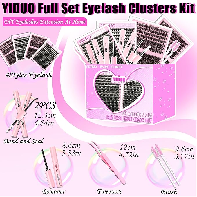 YIDUO 4 Styles Lash Clusters Kit 60D+80D+100D+150D Volume Clusters Lashes Extensions Kit with 2 Bond and Seal 10-18mm Wispy D Curly Full DIY Individual Eyelash Extensions Kit DIY at Home Easily