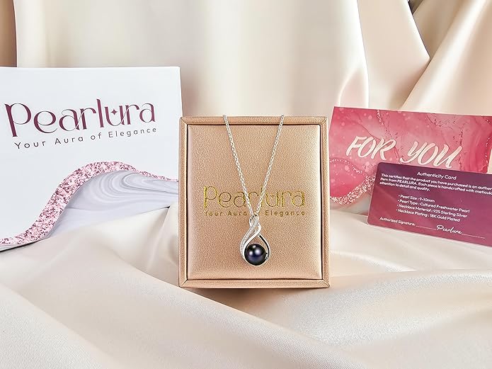 PEARLURA Black pearl necklace for women (Natural AAA+ 9mm) - Wedding anniversary's gift for wife (18k gold platted 925 sterling Silver)- christmas gifts for wife - Real pearls necklace for women - black pearls necklace - pearl pendant