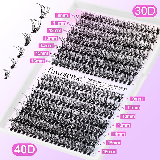 Pawotence Lash Extension Kit DIY 280pcs Individual Lash Clusters Kit 30D 40D Cluster Eyelash Extensions Kit with Bond and Seal, Remover, Tweezers for Self Use (30D&40D, 9-16mm, All Kit)