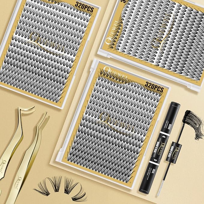 QUEWEL Lash Clusters 320Pcs Cluster Lashes 30D+40D D Curl Lash Cluster Eyelash Extensions Mix9-16mm Individual Eyelashes Clusters Wispy Lash Clusters Thin Band Soft to Use at Home(30D+40D D Mix9-16)