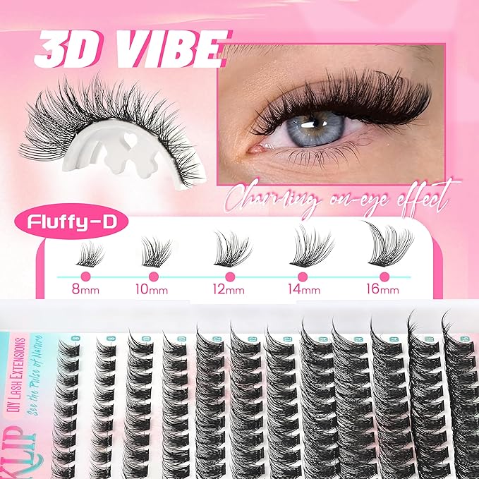 Lash Clusters 144PCS Individual Lashes 8-16MM Mixed Eyelash Clusters D Curl Cluster Lashes Fluffy Cluster Eyelash Extensions DIY Eyelashes Extension at Home (Fluffy-D)