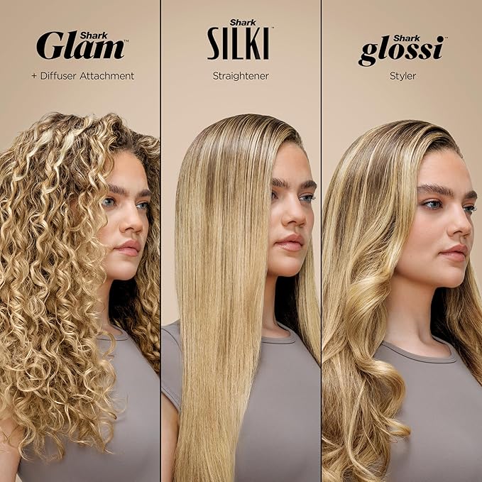 Shark Glam Ceramic & Powerful Air Styling & Drying System, with Silki Straightener & Shark Glossi Air Glosser, for Drying, Curling, Straightening & Glossing with Diffuser, HD6052S (Curly & Coily Hair)