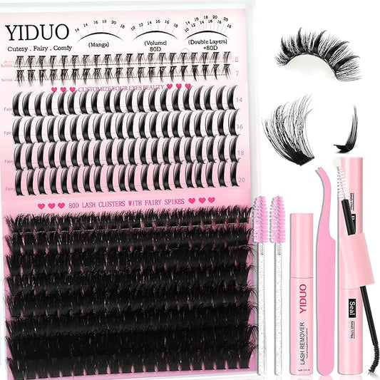80D Volume Lash Clusters Kit with Long 14-16mm Lashes Spikes+Bottom Clusters Eyelash Extension Kit 280Pcs D-curly Wispy Individual Lash Extensions Kit DIY Spiky Lash Bond and Seal by YIDUO