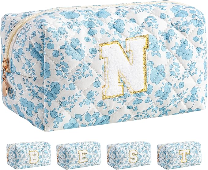 HBselect Initial Makeup Bag for Women, Quilted Cosmetic Travel Toiletry Bag, Flowers Zipper Make Up Pouch Organizer Teen Girl Gifts Trendy Stuff N