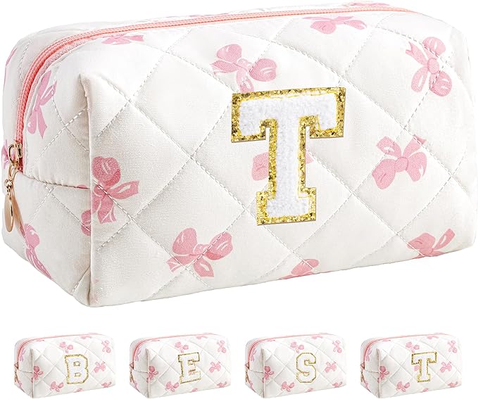 HBselect Initial Makeup Bag for Women, Pink Cosmetic Travel Toiletry Bag, Flowers Zipper Make Up Pouch Organizer Teen Girl Gifts Trendy Stuff T