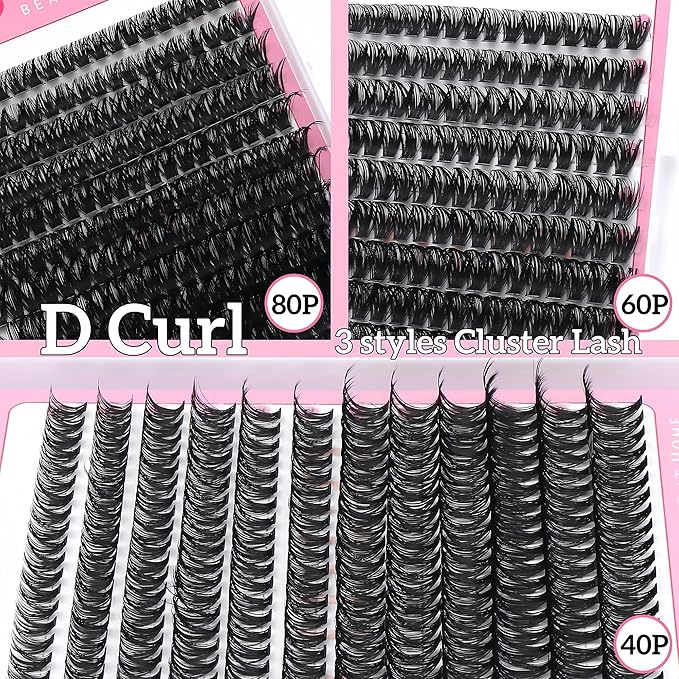 YIDUO 3 Styles Lashes Cluster Kit 720Pcs Eyelash Extensions Kit 40P+60P+80P 8-18mm D Curl Volume False Eyelashes DIY Individual Wispy Fake Eye Lashes Combo Packs with Bond&Seal |Tweezers | Removers