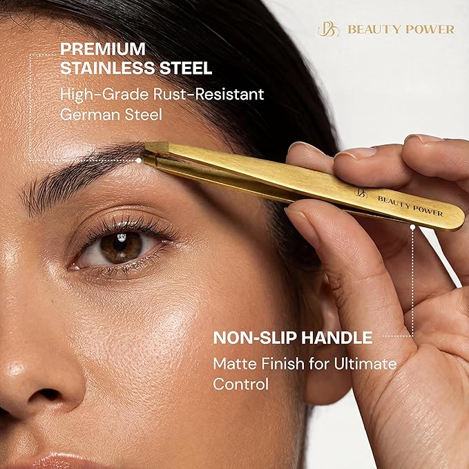 Beauty Power Professional Tweezers in Case - Slant, Durable Lightweight German Stainless Steel, Ultra Precision Tweezers for Eyebrows, Facial Hair, Chin, and Ingrown Hair Removal - Gift (Gold)