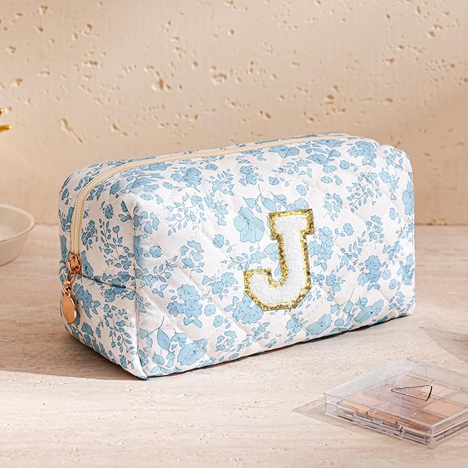HBselect Initial Makeup Bag for Women, Quilted Cosmetic Travel Toiletry Bag, Flowers Zipper Make Up Pouch Organizer Teen Girl Gifts Trendy Stuff J