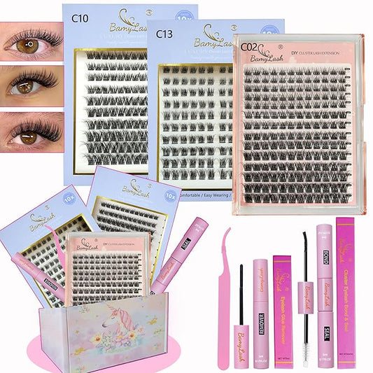 BamyLash DIY Cluster Lash Extension Kit, Professional Volume Eyelash Set, Black (C02+C10+C13 Lash Set)