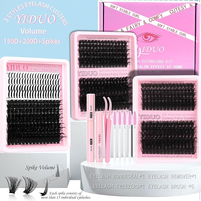 YIDUO 575Pcs Lashes Clusters Kit with Glue and Removers, D Curl Volume 150D+200D Thick+Spiky Lashes Extension, 12-21mm Thick Extension Eyelashes DIY Individual False Eyelash Kit DIY at Home Easily
