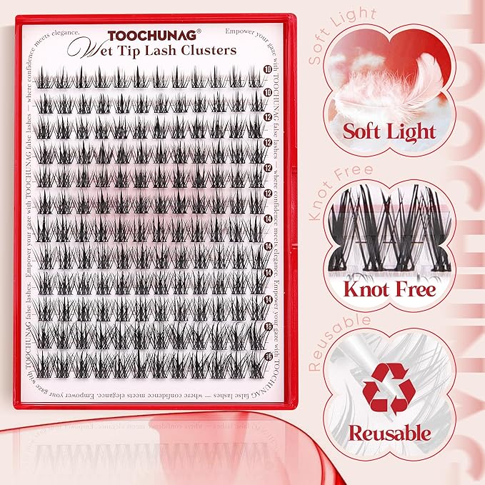 TOOCHUNAG Wispy Eyelash Clusters Manga Lashes Extensions 10-16mm Cluster Lashes Individual 144pcs CC Curly Natural Lash Clusters Wet Tip DIY Soft Cluster Eyelash Extensions