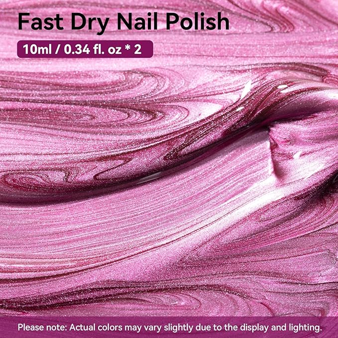 Nailshion Metallic Purple Rose Nail Polish with Base Top Coat 3-in-1 Clear Fast Air Dry Fingernail Polish Duo, Non-Gel, Nail Strengthener Polishes, Opaque, Glossy Luxury Nail Art Gift for Women Girls