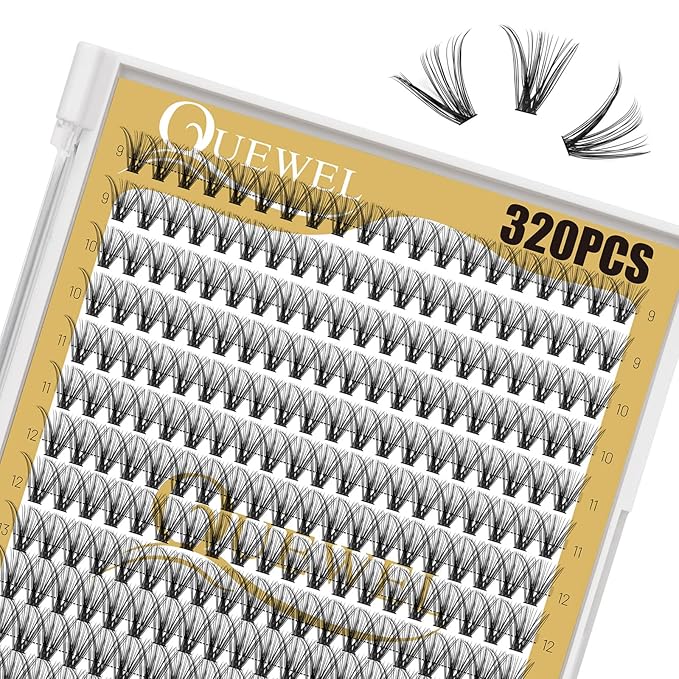 QUEWEL Lash Clusters 320Pcs Cluster Lashes 30D D Curl Lash Cluster Eyelash Extensions Mix9-16mm Individual Eyelashes Clusters Wispy Lash Clusters Thin Band Soft to Use at Home(30D D Mix9-16)