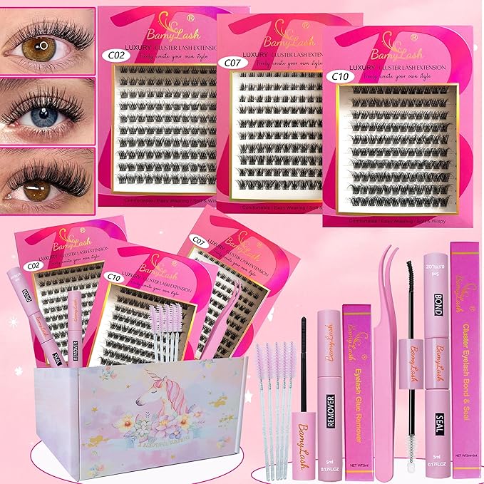 BamyLash DIY Cluster Lash Extension Kit, Professional Volume Eyelash Set, Black (C02+C07+C10 Lash Set)