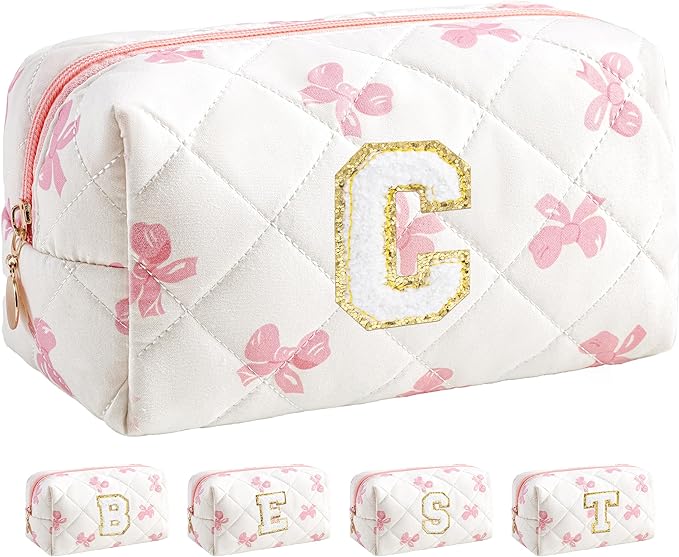 HBselect Initial Makeup Bag for Women, Pink Cosmetic Travel Toiletry Bag, Flowers Zipper Make Up Pouch Organizer Teen Girl Gifts Trendy Stuff C