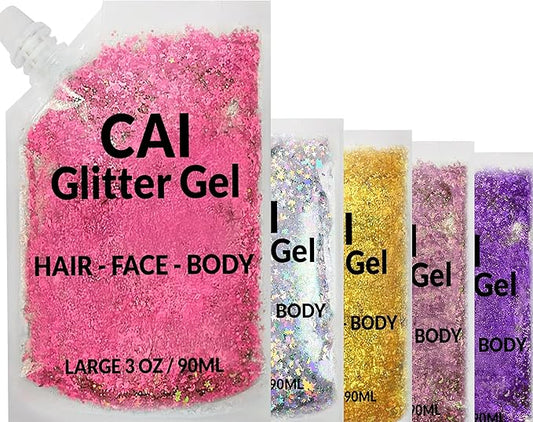 Face, Body & Hair Glitter Gel – Halloween Glitter for Kids and Women – 3 Oz Cosmetic-Grade Gel w/Moon & Stars for Festivals & Halloween Party, Easy Apply & Wash Off - Unicorn 5Pack