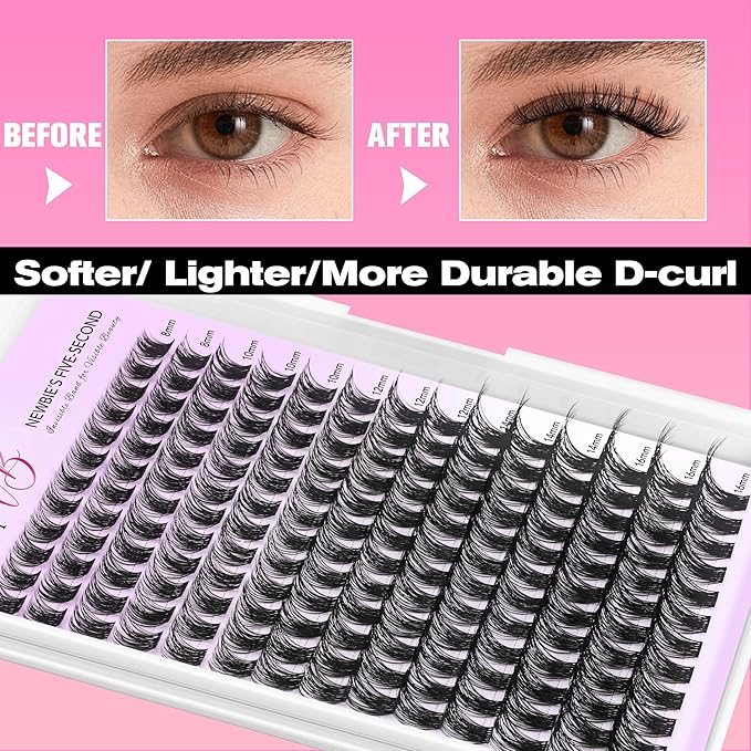 VEYESBEAUTY Lash Clusters Individual Eyelash Extensions Thin & Invisible Band DIY False Eyelashes for Self-application Newbie's Five-Second Series Wispy Lash Tray, Bomb 8-16mm Mixed Length