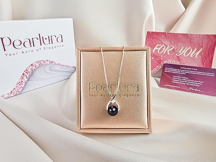 PEARLURA AAA+ 9mm Natural Black pearl necklace for women - Real pearl necklaces for women (18k gold platted 925 sterling Silver)- Wedding anniversary's gift for wife - Luxury birthday gifts for woman - Birthday gift for wife