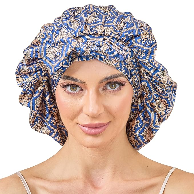 Silk Satin Bonnet for Sleeping Hair: Women Sleep Night Wrap Cap for Straight Wavy Curly Coily Kinky Natural Hair Head by Tie Band - Blue-Green & Gold Hexagon of Luck + Pink