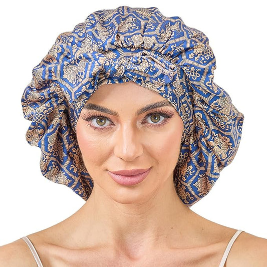 Silk Satin Bonnet for Sleeping Hair: Women Sleep Night Wrap Cap for Straight Wavy Curly Coily Kinky Natural Hair Head by Tie Band - Blue-Green & Gold Hexagon of Luck + Pink