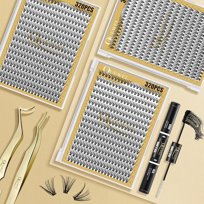 QUEWEL Lash Clusters 320Pcs Cluster Lashes 30D D Curl Lash Cluster Eyelash Extensions Mix12-18mm Individual Eyelashes Clusters Wispy Lash Clusters Thin Band Soft to Use at Home(30D D Mix12-18)