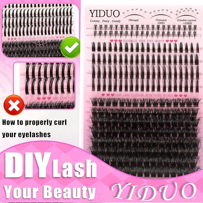 YIDUO 100D Volume Lash Clusters Kit with Long 14-16mm Lashes Spikes+Bottom Clusters Eyelash Extension Kit Thick 248Pcs D-curly Wispy Individual Lash Extensions Kit DIY Spiky Lash Bond and Seal