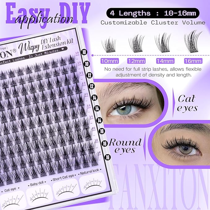 Natural Lash Clusters Kit Manga Lash Clusters DIY Lash Extension Kit 10-16mm Cluster Eyelash Extensions Kit Lash Bond and Seal Lash Tweezers Individual Lashes Cluster Kit DIY Lash at Home