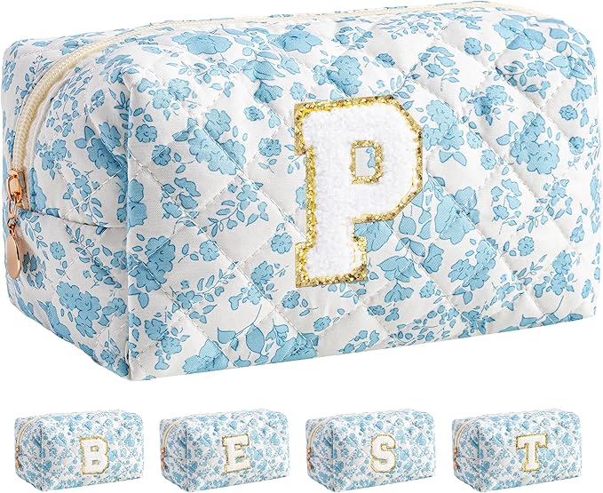 HBselect Initial Makeup Bag for Women, Quilted Cosmetic Travel Toiletry Bag, Flowers Zipper Make Up Pouch Organizer Teen Girl Gifts Trendy Stuff P